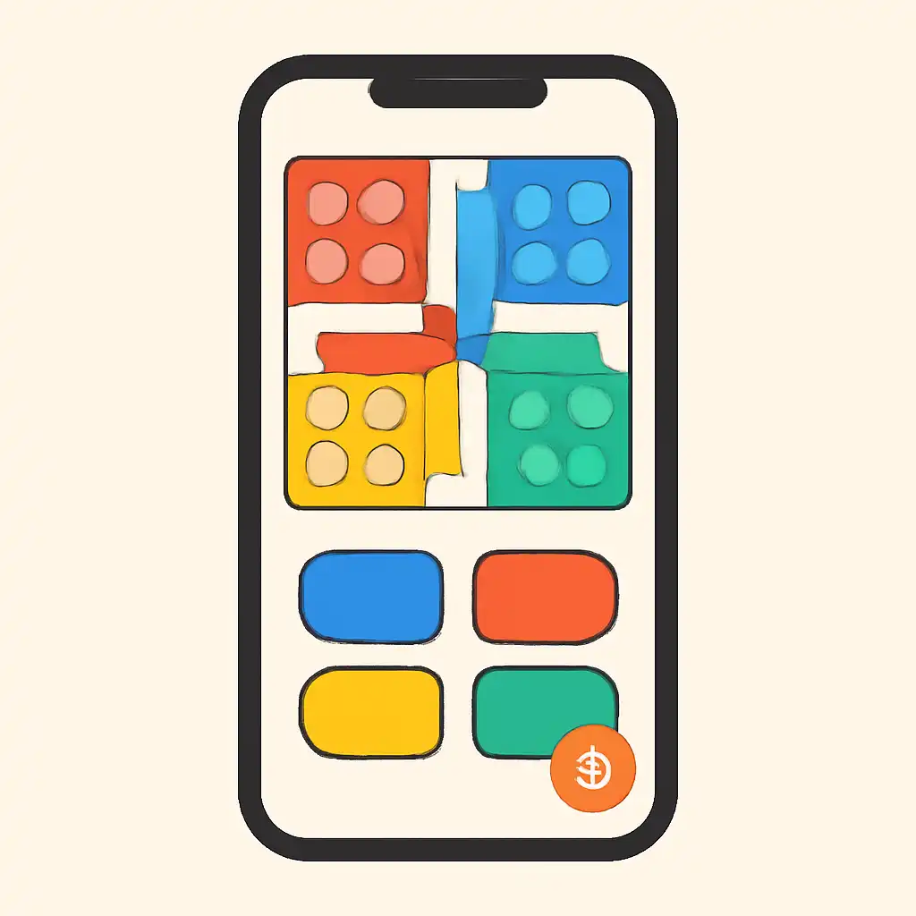 Smartphone shown from the front displaying a colourful flat layout of abstract game icons and rounded tiles, What ludo game