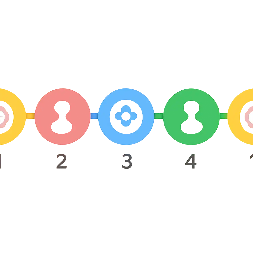 Five numbered circular icons connected by arrows in a horizontal flow, What ludo game Is and How It Works steps, Rummy Ludo