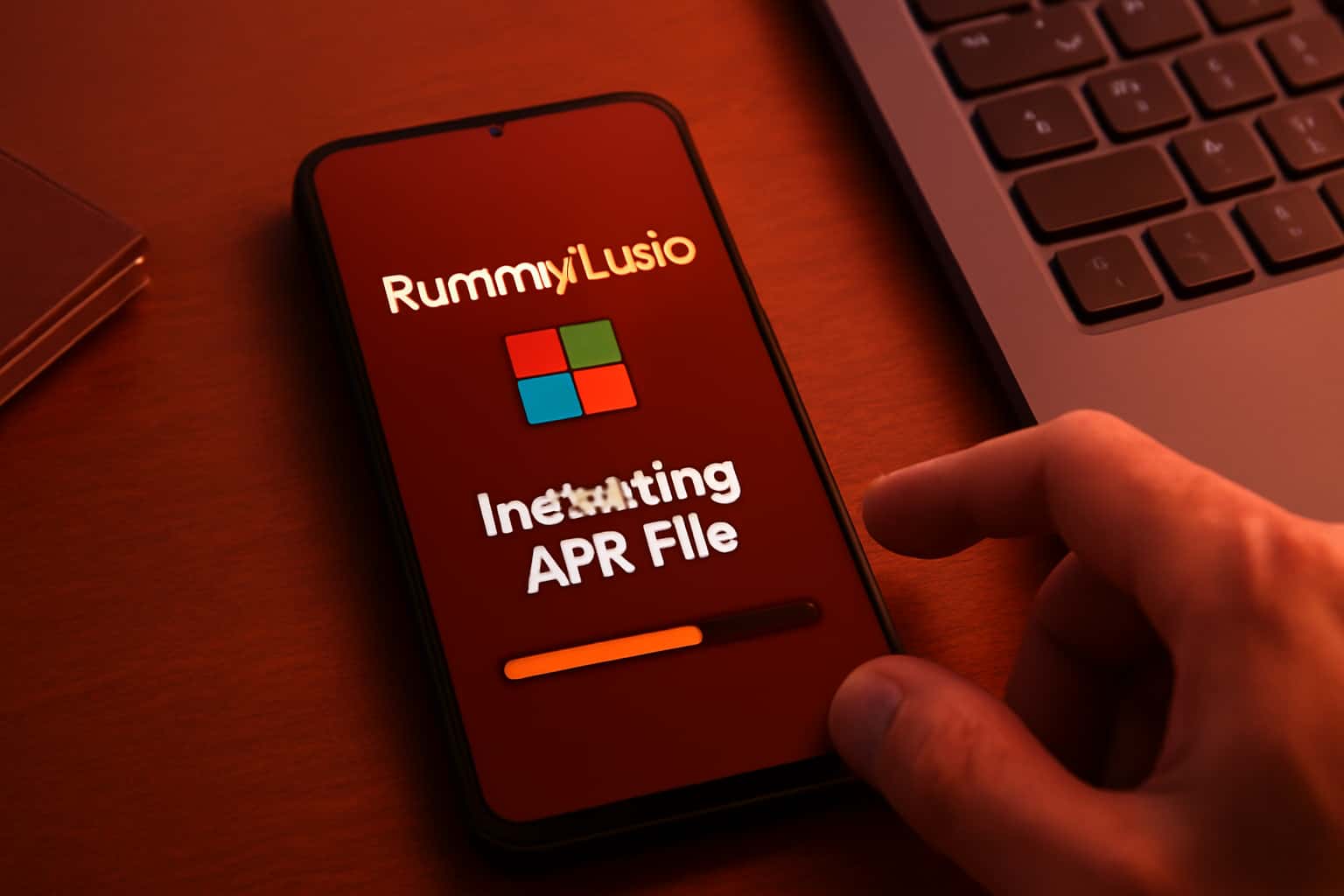 A visual representation of the installation process for the RummyLudo APK file on an Android device, featuring relevant icons.