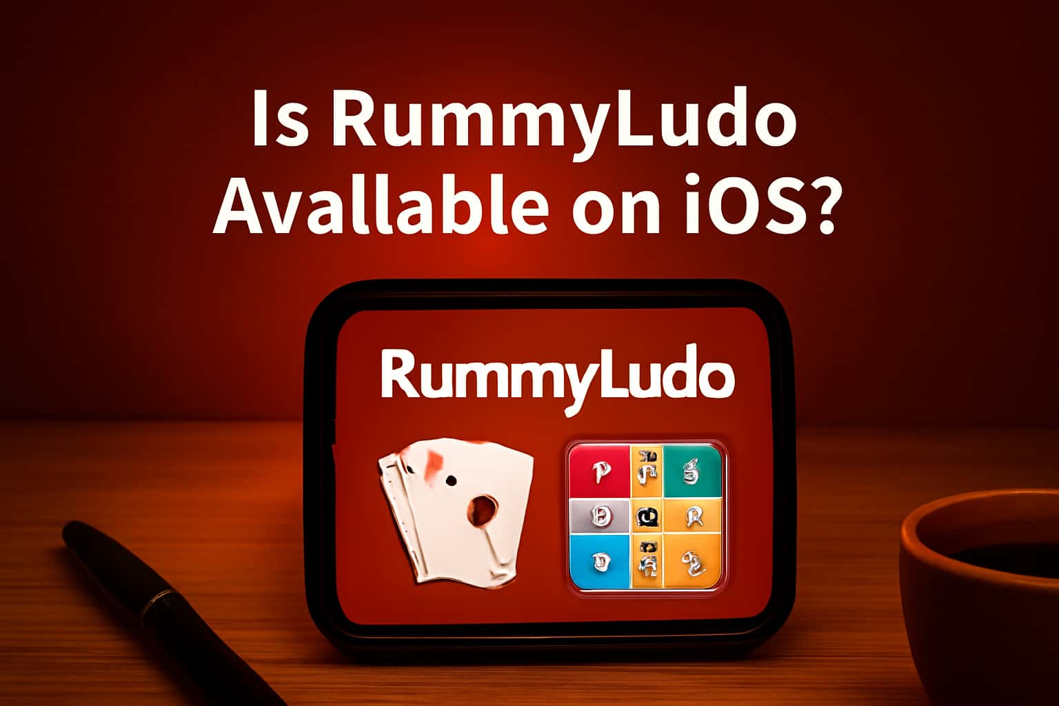 An informative scene on RummyLudo's availability on iOS, with prominent text.